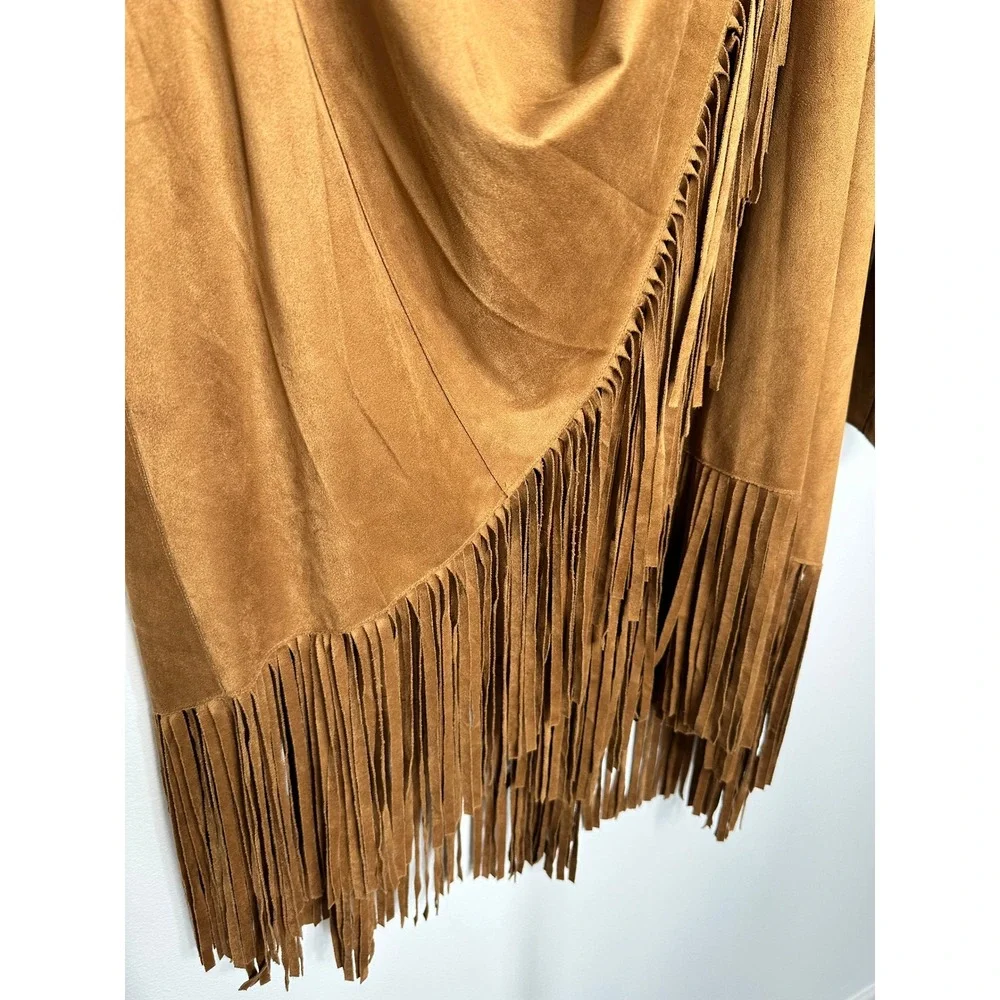 Chicos Faux Suede Fringe Wrap Jacket Cognac Brown Size 3 XL 16/18 Western Boho